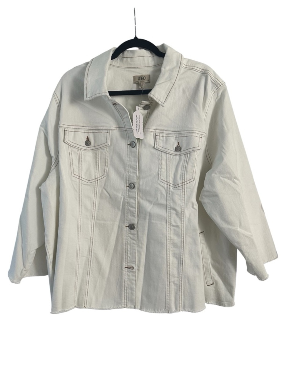 Logo by Lori Goldstein Light Cream Denim Raw Hem Jacket Size 26W